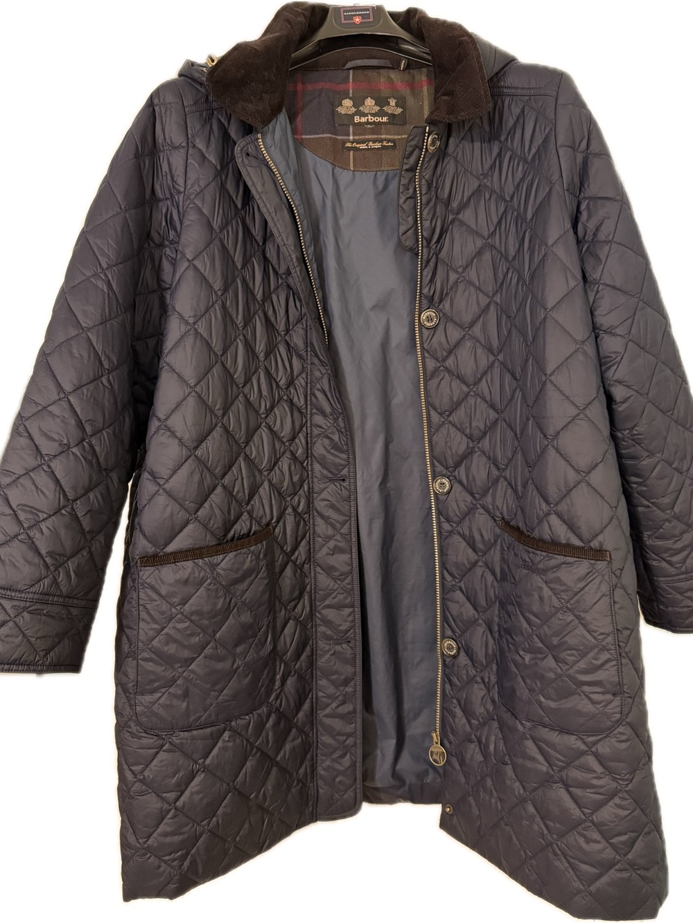 Barbour Quilted Puffer Coat in Navy,  Corduroy Trim Collar with Detachable Hood